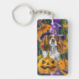 Cavalier King Dog Halloween Witch And Pumpkin Key Ring