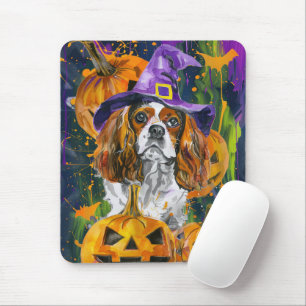 Cavalier King Dog Halloween Witch And Pumpkin Mouse Mat