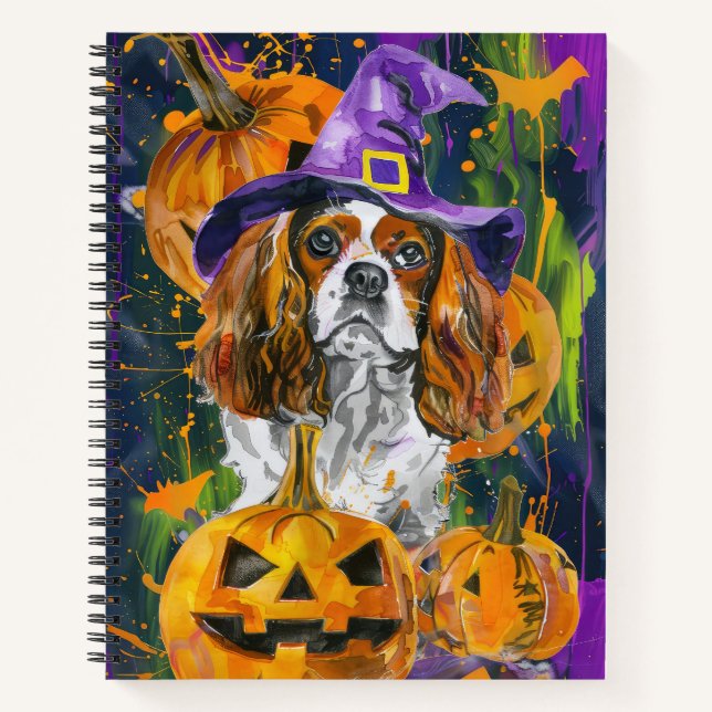 Cavalier King Dog Halloween Witch And Pumpkin Notebook (Front)