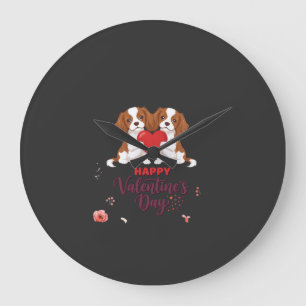 Cavalier King Dog Happy Valentines Day Floral Large Clock