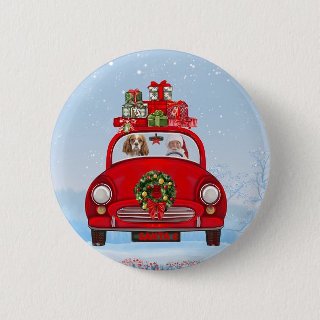 Cavalier King Dog In Car With Santa Claus  6 Cm Round Badge (Front)