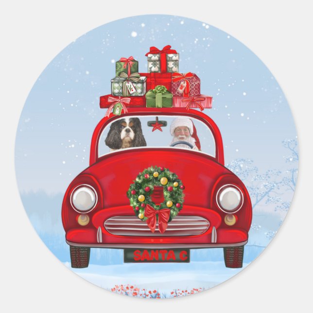 Cavalier King Dog In Car With Santa Claus  Classic Round Sticker (Front)