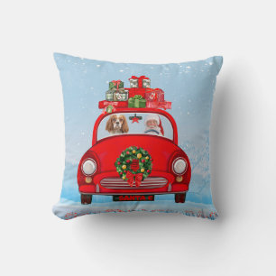 Cavalier King Dog In Car With Santa Claus Cushion