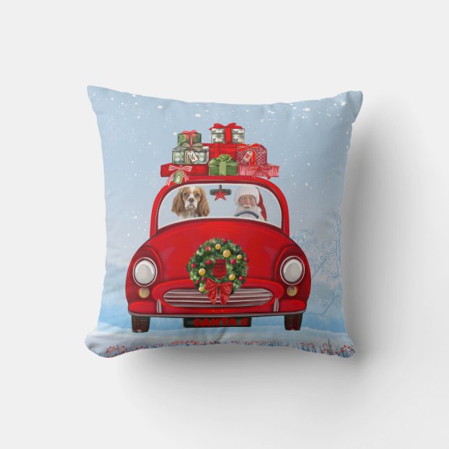 Cavalier King Dog In Car With Santa Claus  Cushion (Front)
