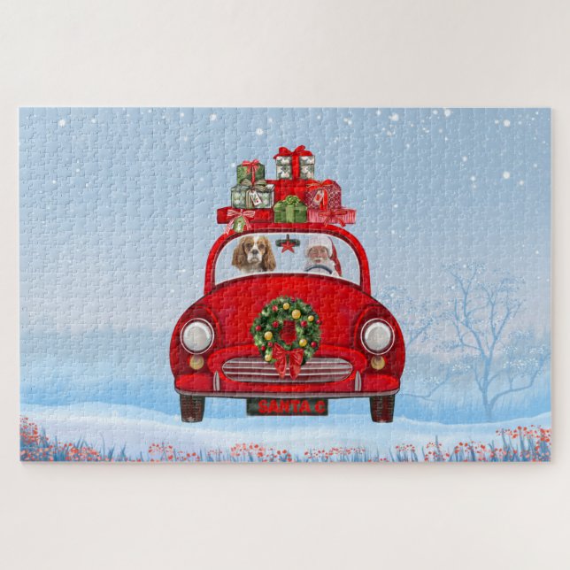 Cavalier King Dog In Car With Santa Claus Jigsaw Puzzle (Horizontal)