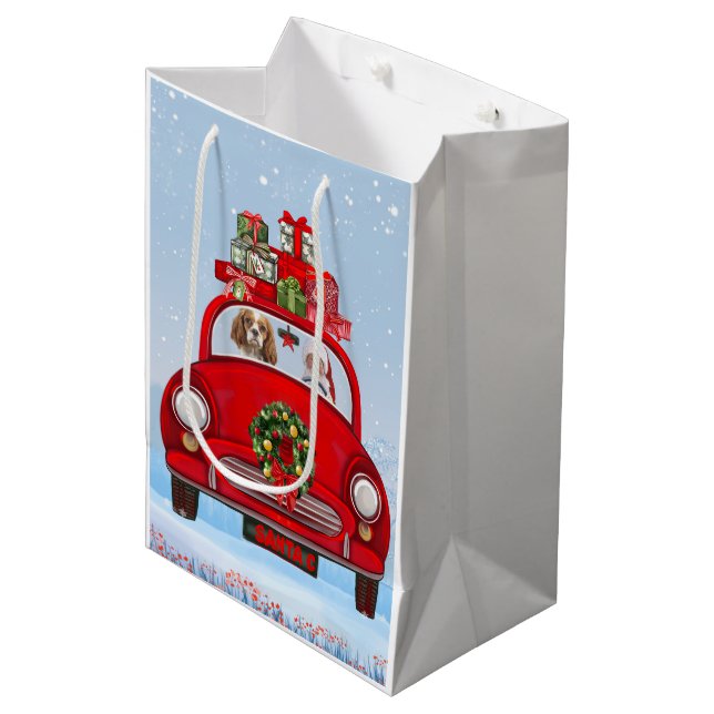 Cavalier King Dog In Car With Santa Claus Medium Gift Bag (Front Angled)