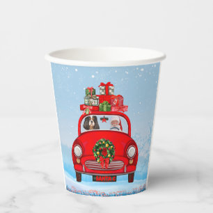 Cavalier King Dog In Car With Santa Claus Paper Cups