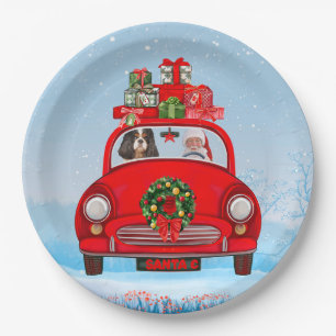 Cavalier King Dog In Car With Santa Claus  Paper Plate
