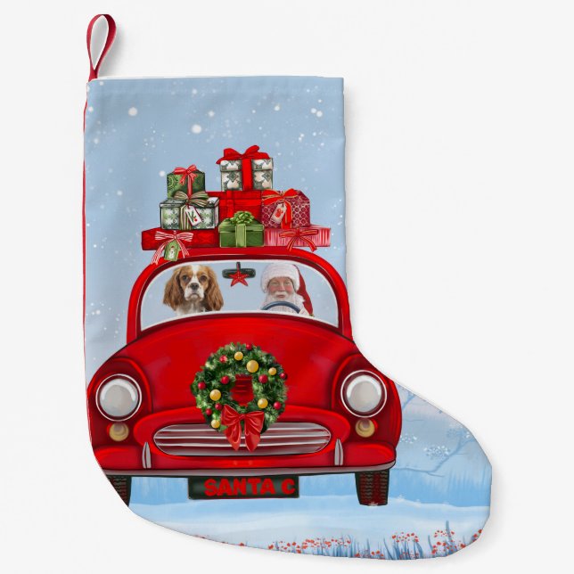 Cavalier King Dog In Car With Santa Claus Small Christmas Stocking (Front)