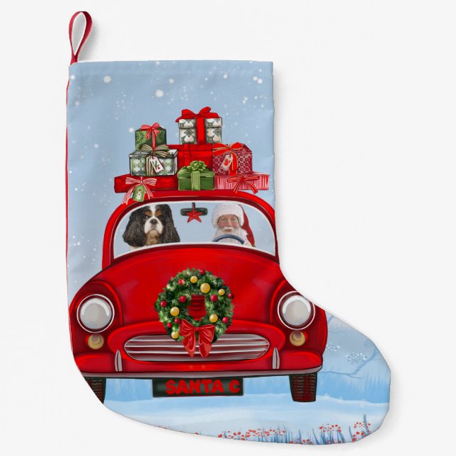 Cavalier King Dog In Car With Santa Claus Small Christmas Stocking (Front)