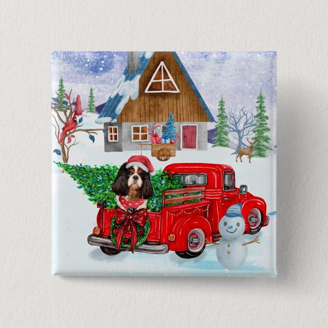 Cavalier King Dog In Christmas Delivery Truck Snow 15 Cm Square Badge (Front)