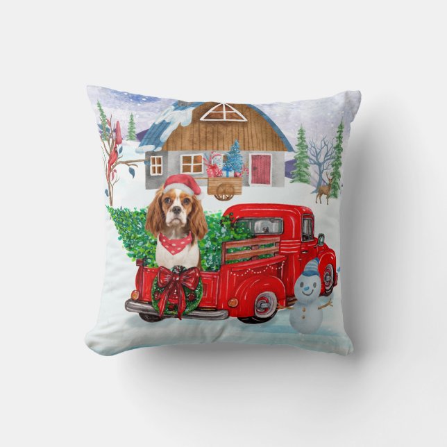 Cavalier King Dog In Christmas Delivery Truck Snow Cushion (Front)