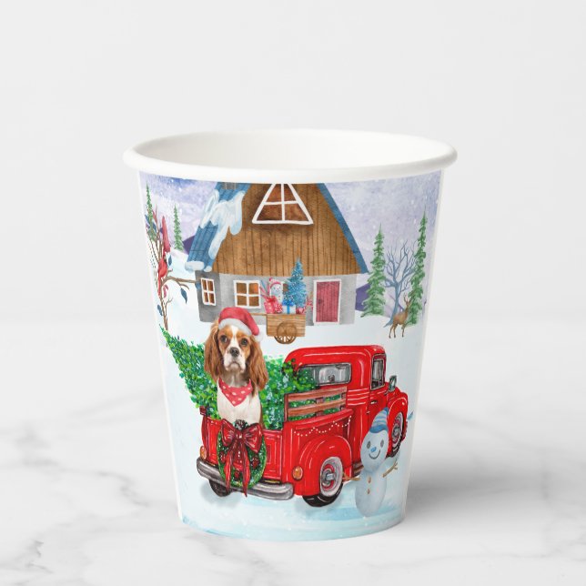 Cavalier King Dog In Christmas Delivery Truck Snow Paper Cups (Front)
