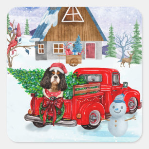 Cavalier King Dog In Christmas Delivery Truck Snow Square Sticker