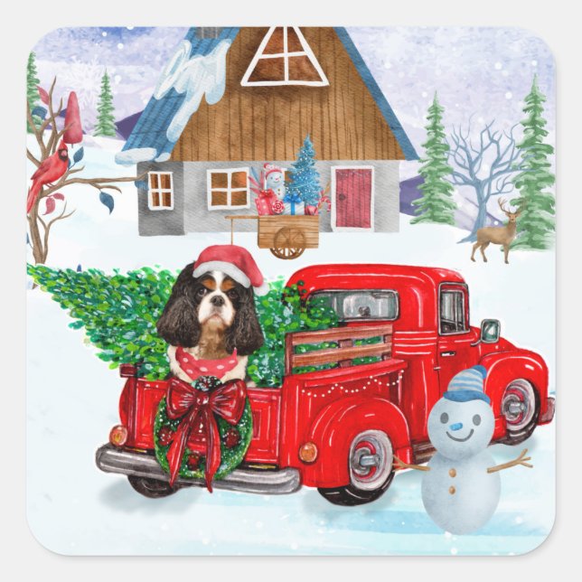 Cavalier King Dog In Christmas Delivery Truck Snow Square Sticker (Front)