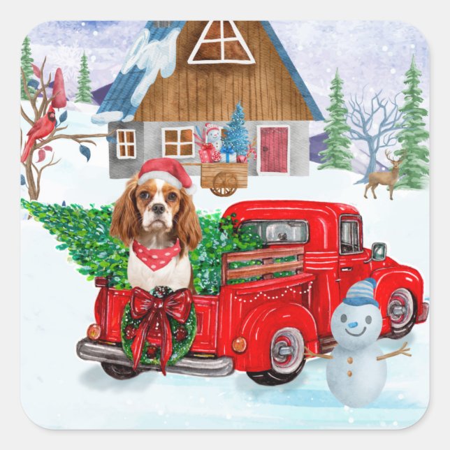 Cavalier King Dog In Christmas Delivery Truck Snow Square Sticker (Front)