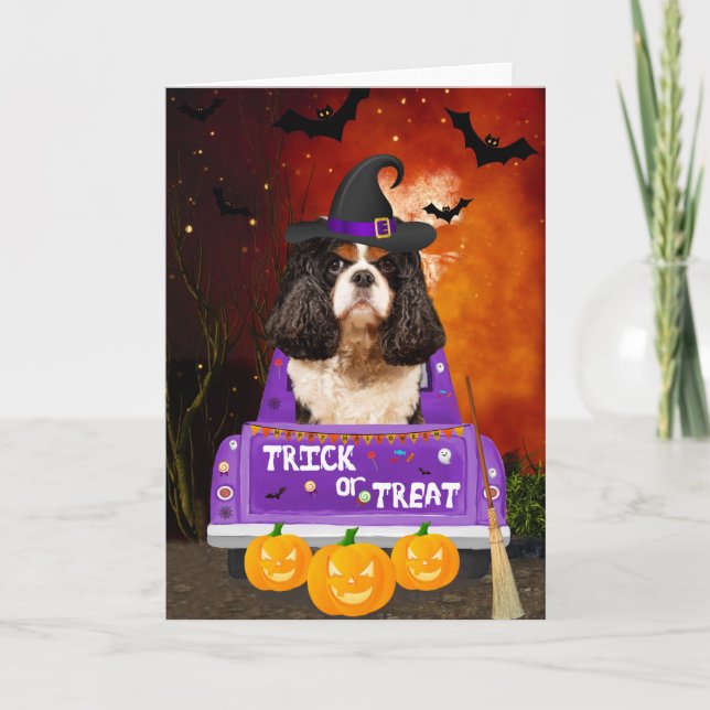 Cavalier King Dog in Halloween Truck Card (Front)