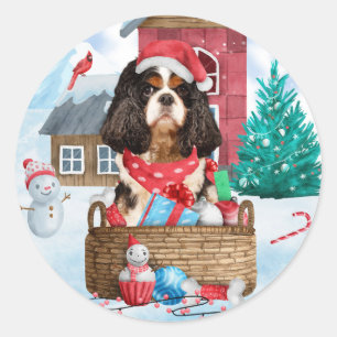 Cavalier King Dog In snow Christmas Dog House Classic Round Sticker