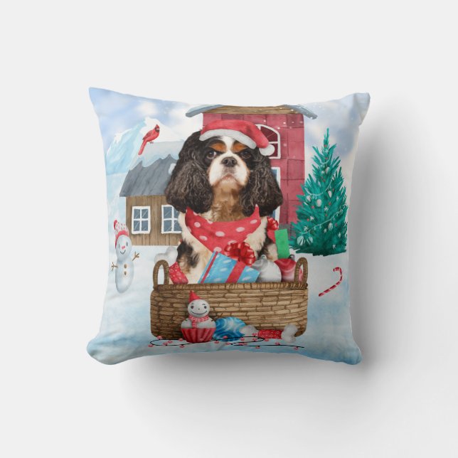Cavalier King Dog In snow Christmas Dog House Cushion (Front)