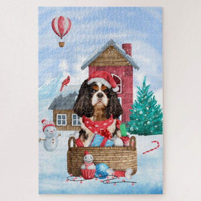 Cavalier King Dog In snow Christmas Dog House Jigsaw Puzzle (Vertical)