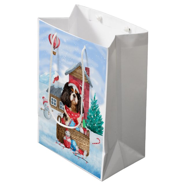 Cavalier King Dog In snow Christmas Dog House Medium Gift Bag (Front Angled)