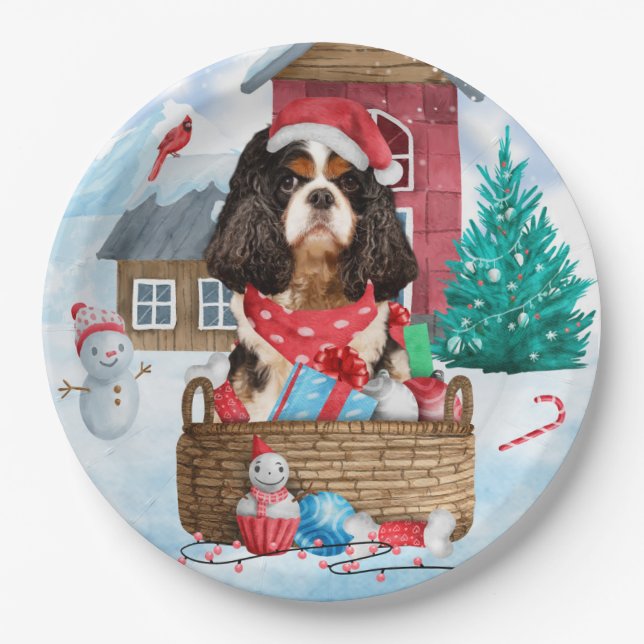 Cavalier King Dog In snow Christmas Dog House Paper Plate (Front)