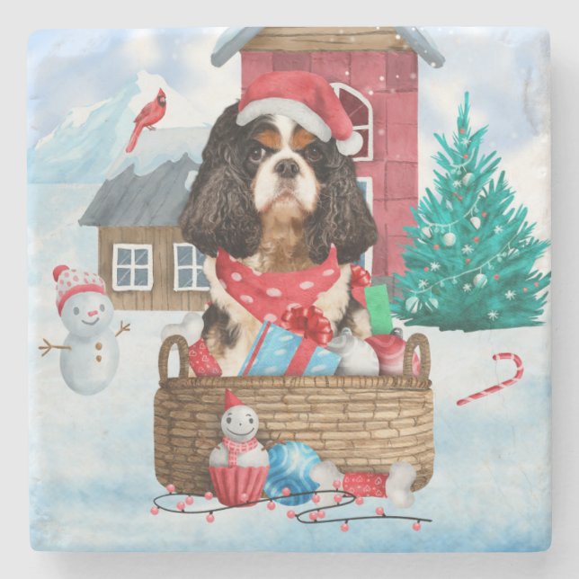 Cavalier King Dog In snow Christmas Dog House Stone Coaster (Front)