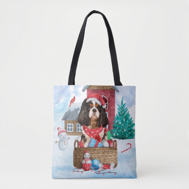 Cavalier King Dog In snow Christmas Dog House Tote Bag (Front)