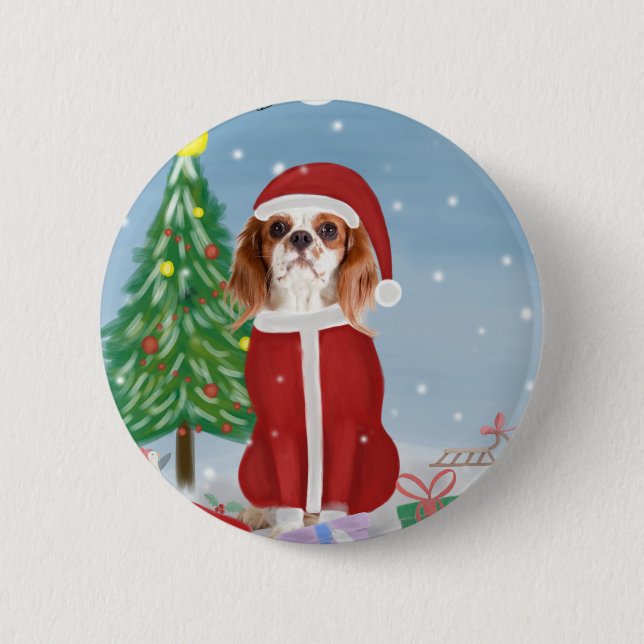 Cavalier King Dog in Snow with Christmas gifts  6 Cm Round Badge (Front)