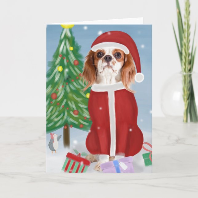 Cavalier King Dog in Snow with Christmas gifts  Card (Front)