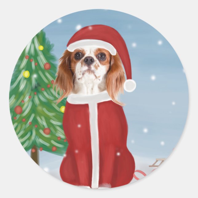 Cavalier King Dog in Snow with Christmas gifts Classic Round Sticker (Front)