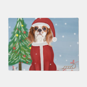 Cavalier King Dog in Snow with Christmas gifts  Doormat