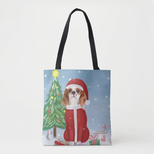 Cavalier King Dog in Snow with Christmas gifts  Tote Bag (Front)