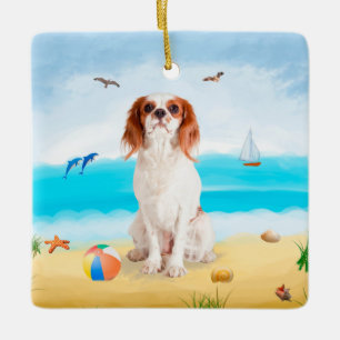 Cavalier King Dog on Beach Ceramic Ornament