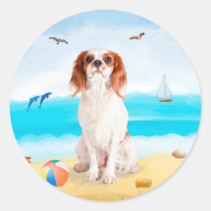 Cavalier King Dog on Beach Classic Round Sticker