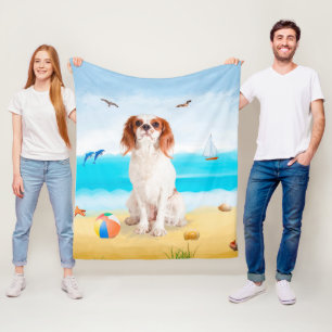 Cavalier King Dog on Beach Fleece Blanket