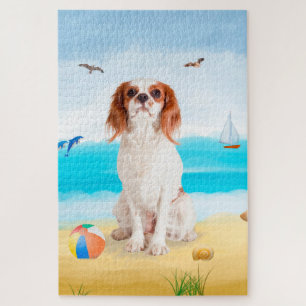 Cavalier King Dog on Beach Jigsaw Puzzle