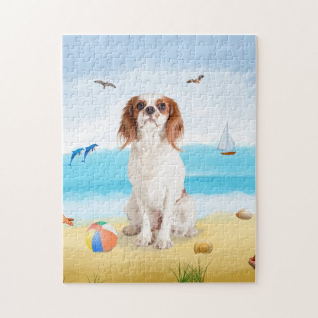 cavalier king dog on beach jigsaw puzzle (Vertical)