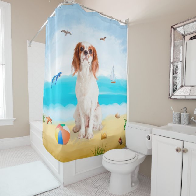Cavalier King Dog on Beach  Shower Curtain (In Situ)