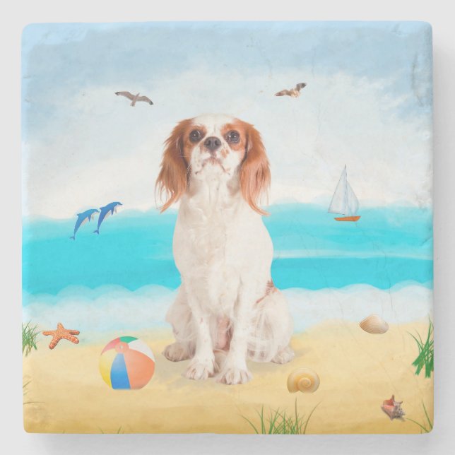 Cavalier King Dog on Beach Stone Coaster (Front)