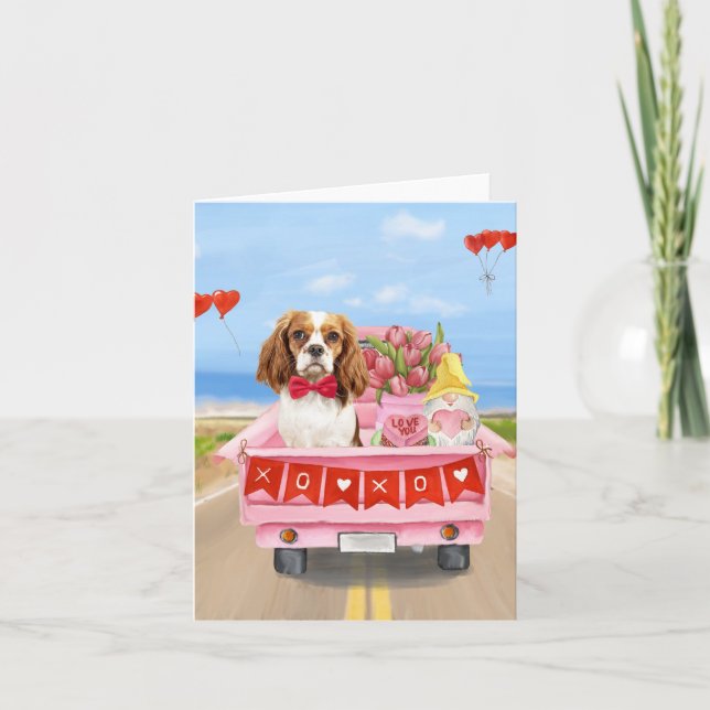 Cavalier King Dog Valentine's Day Truck Hearts Card (Front)