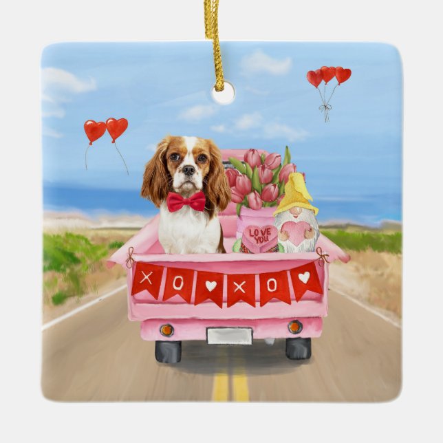 Cavalier King Dog Valentine's Day Truck Hearts  Ceramic Ornament (Front)