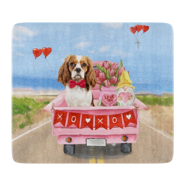 Cavalier King Dog Valentine's Day Truck Hearts Cutting Board (Front)