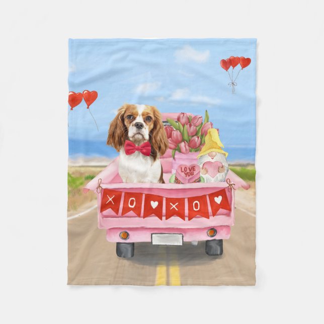 Cavalier King Dog Valentine's Day Truck Hearts Fleece Blanket (Front)