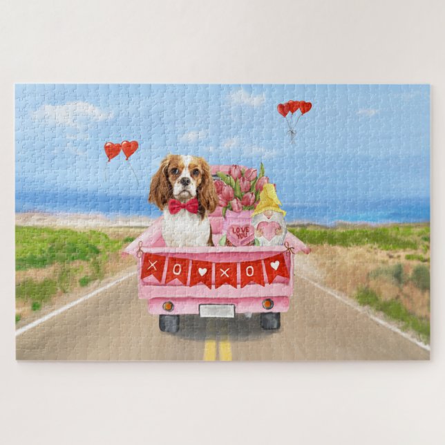 Cavalier King Dog Valentine's Day Truck Hearts Jigsaw Puzzle (Horizontal)