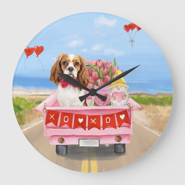 Cavalier King Dog Valentine's Day Truck Hearts Large Clock (Front)
