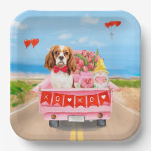 Cavalier King Dog Valentine's Day Truck Hearts Paper Plate