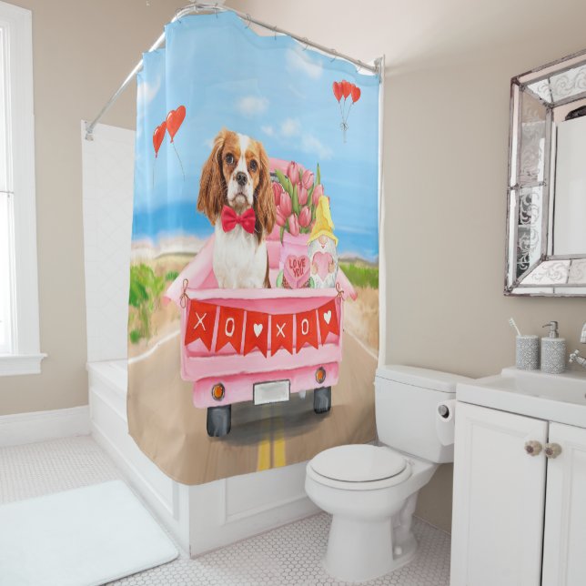 Cavalier King Dog Valentine's Day Truck Hearts Shower Curtain (In Situ)