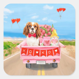 Cavalier King Dog Valentine's Day Truck Hearts Square Sticker