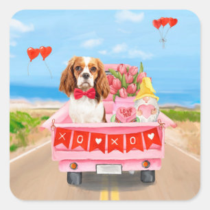 Cavalier King Dog Valentine's Day Truck Hearts Square Sticker